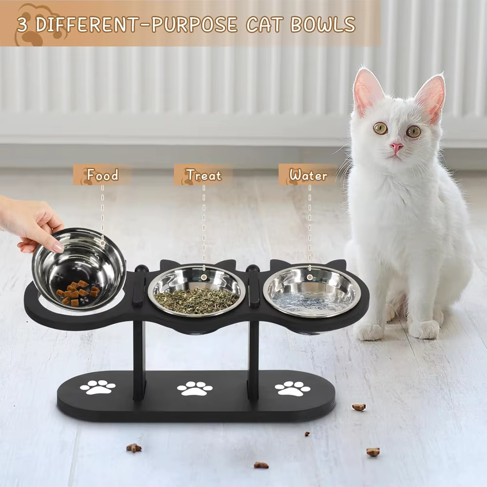 Elevated Cat Dog Feeder with 4 Stainless Steel Bowls, Adjustable Height Tilted Pet Food Water Bowl Stand, Anti-Vomiting Neck Protection, Non-Slip Base, Black Cat Ear Paw Print Design, for Ca